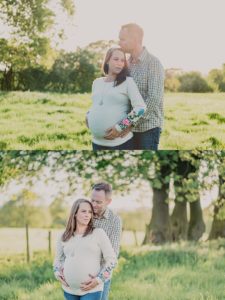 a pregnant woman being hugged and kissed by her husband on a Shropshire farm.