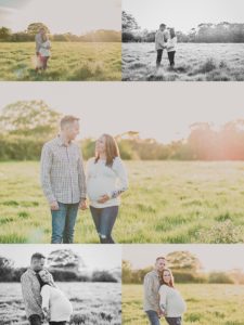 a collage of images, all of a man and woman in a field with the setting sun behind them as they hug and touch the woman's pregnant belly