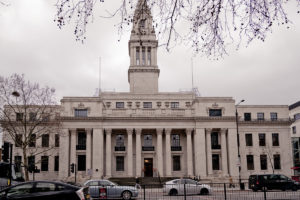 London's Marylebone Town Hall wedding venue pictured from across the street with cars driving by