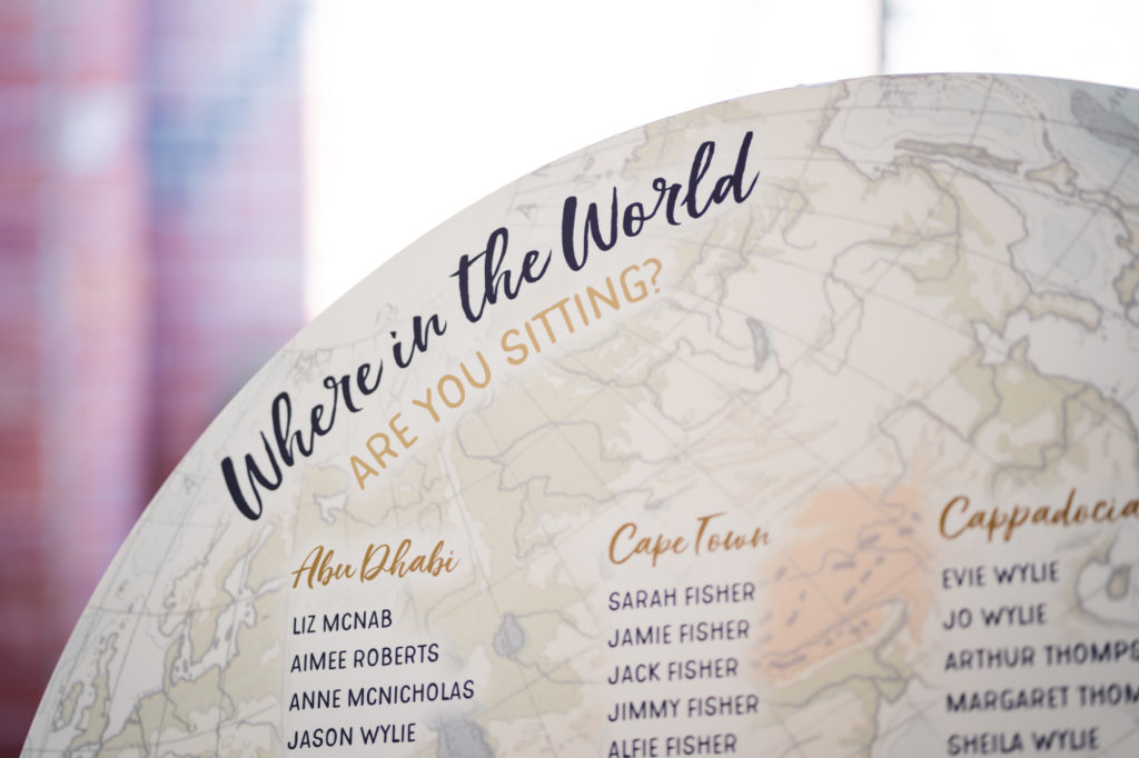 table plan with a travel theme showing text saying where in the world are you sitting