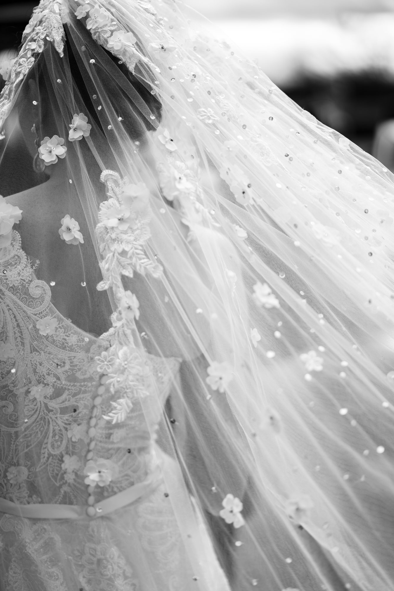 black and white image of brides veil as she wears it