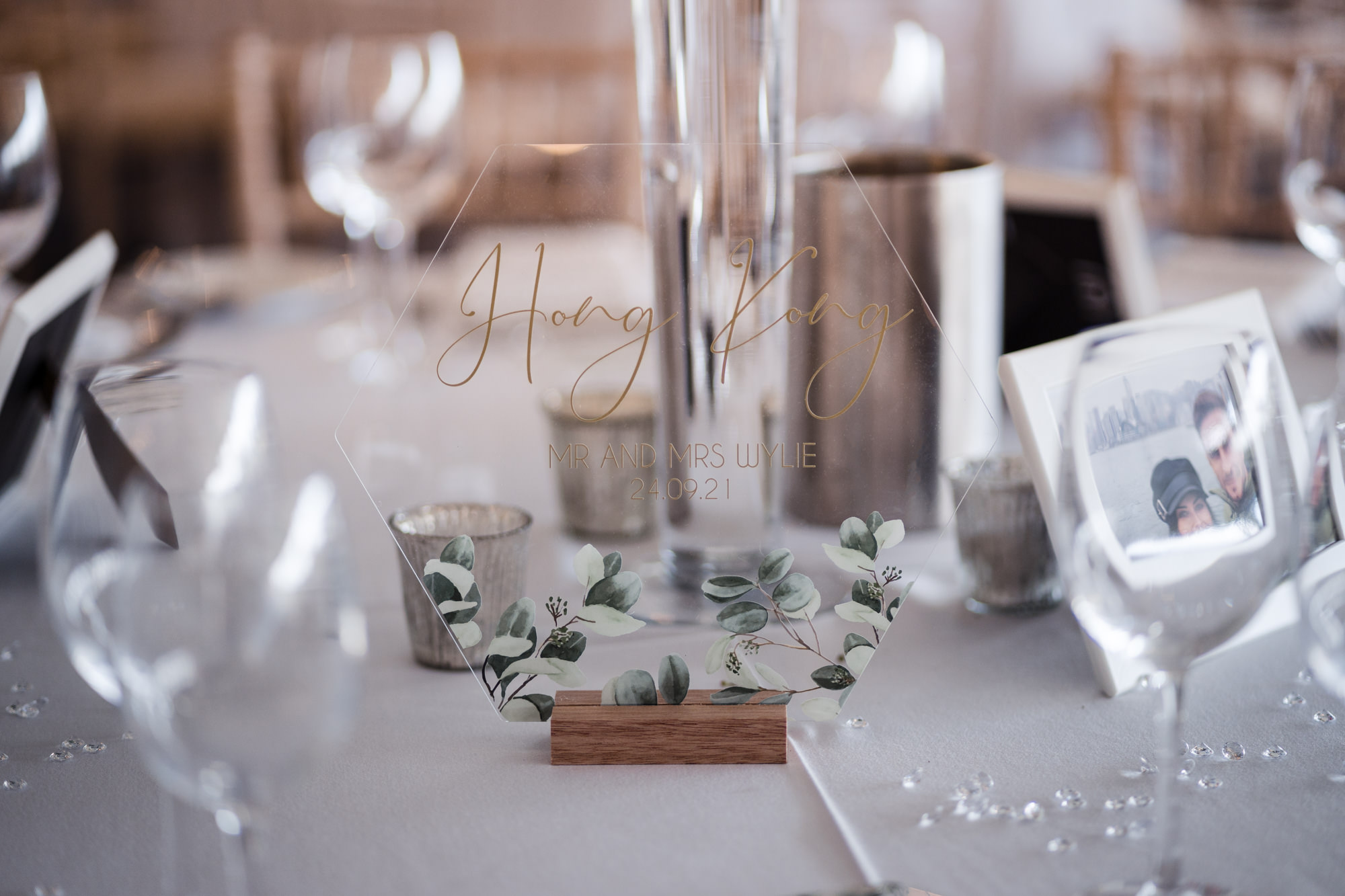 hexagon glass table number sign at wedding