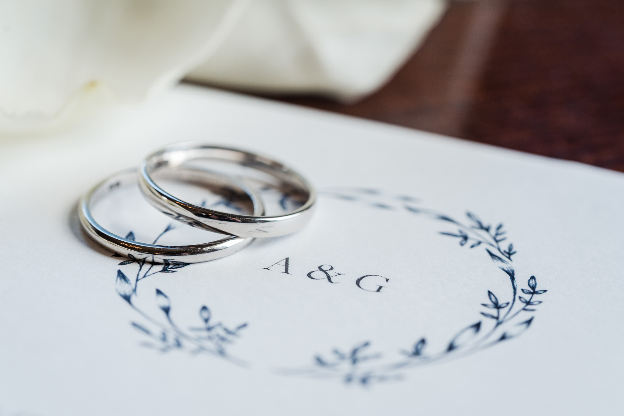 close up photo of couples wedding rings lay on the wedding invitation